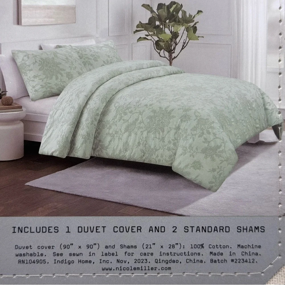 3pc Nicole Miller Artelier Lt Sage Queen Duvet Cover Sham Set Matelasse Cotton
